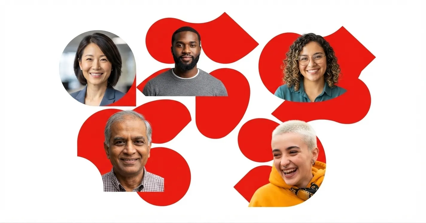 Collage de personas sobre formas rojas